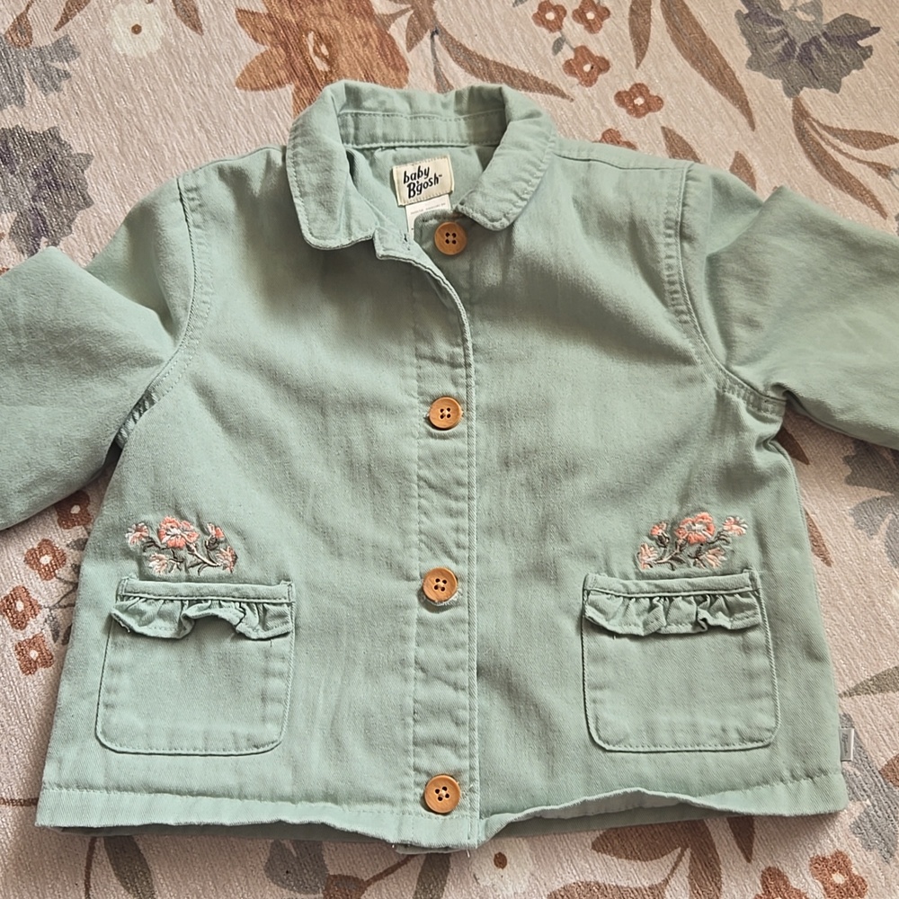 Girls Mint Teal Spring Jacket With Floral Design And Ruffled Pockets 24 Months